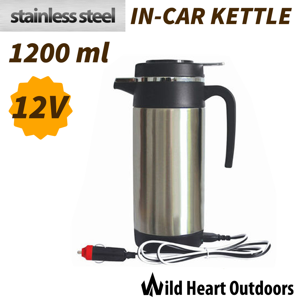 12V Portable InCar Stainless Steel Kettle 1200ml Camping Travel Top