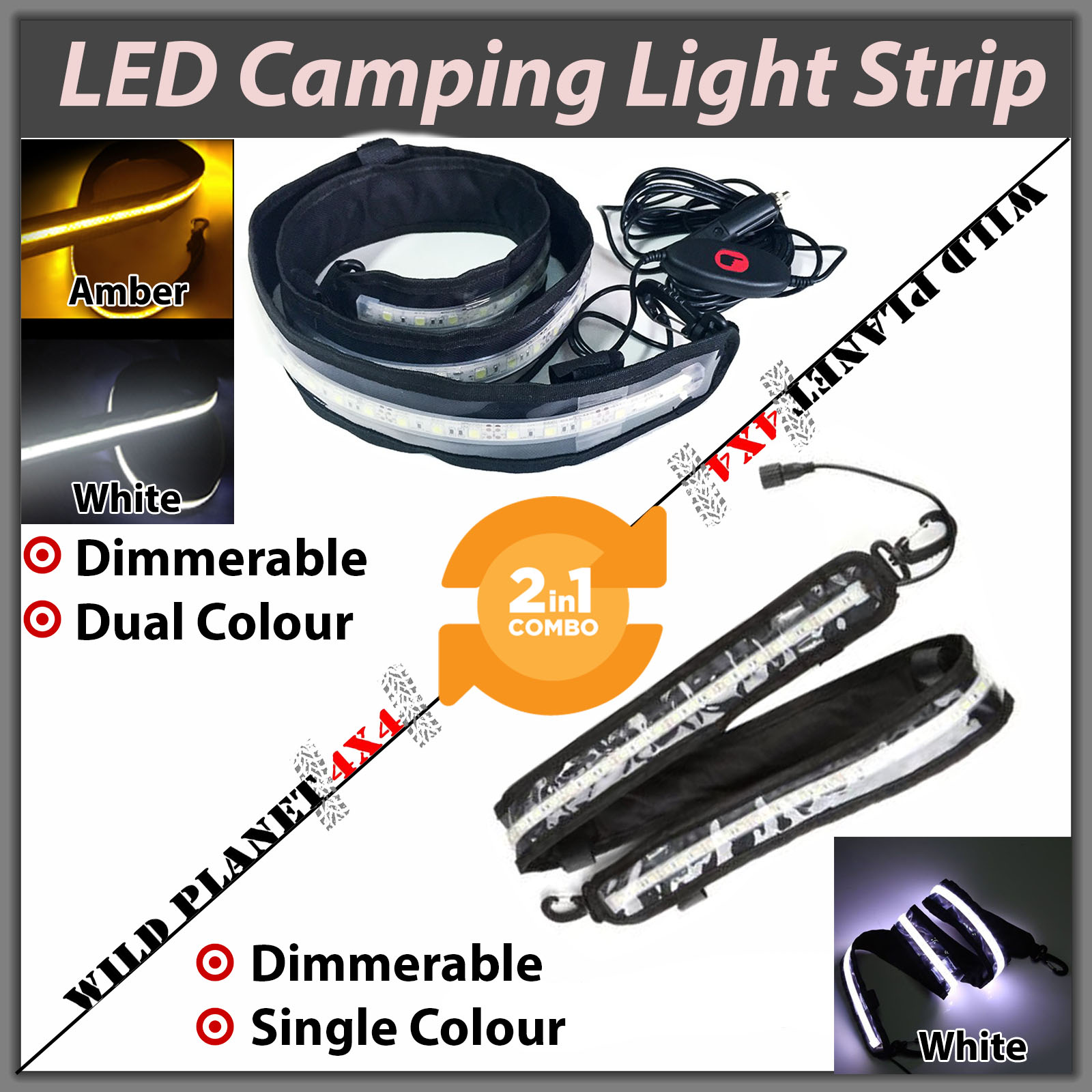 1.3m CAMPING LIGHT STRIP COMBO 1xWHTIE+1xDual Colour 12V LED FLEXIBLE