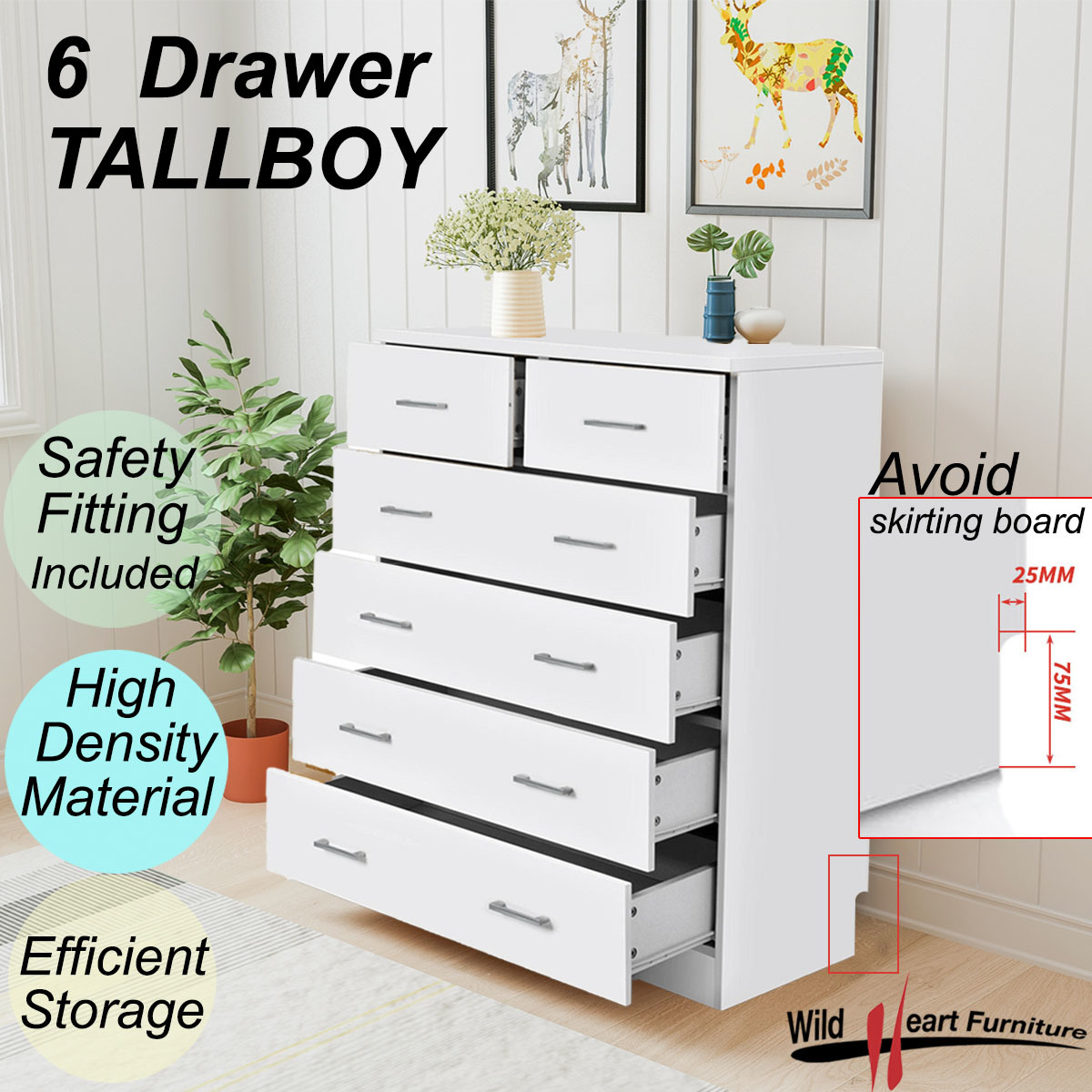 Tallboy Dresser 6 Chest of Drawers Table Bedroom Storage White