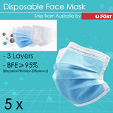 5 x Disposable Face Mask 3-Ply Anti Dust Flu Lot Protective Filter