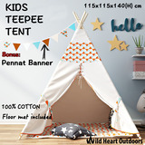 Teepee Tent Kids Large Cotton Canvas with Floor mat Children Home Pretend Play Outdoor Indoor